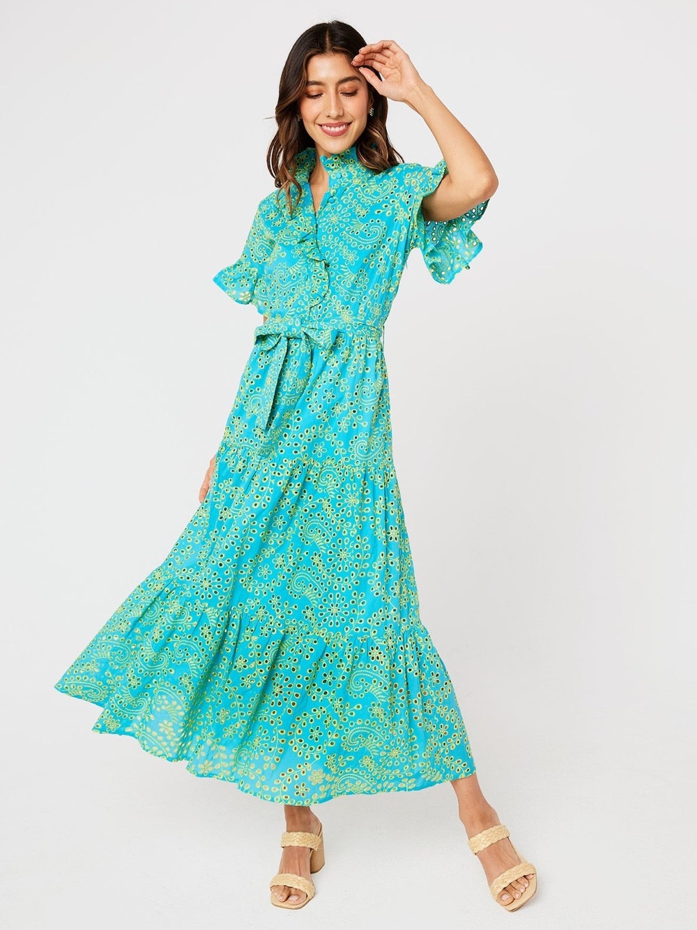 NWT Abbey Glass Sadie Maxi Dress Teal and Chartreuse Jasmine Eyelet Sz M